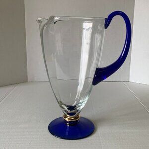 VTG Romania Crystal Clear Pitcher Cobalt Blue Base & Handle Gold Pedestal 11 "